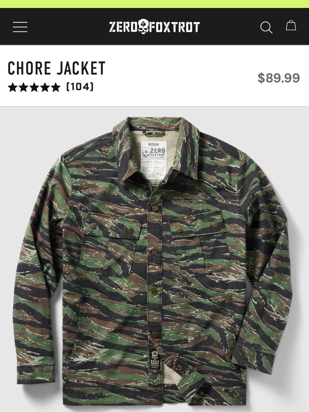 Zero Foxtrot L Men's Tiger Stripe Camouflage Chore Jacket - Military